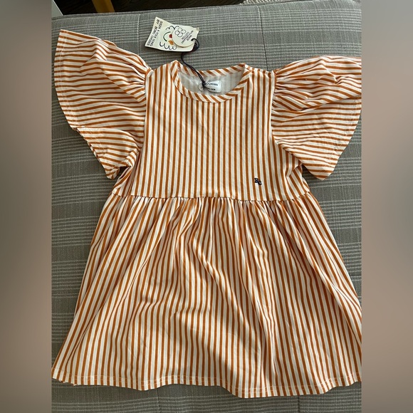 Bobo Choses, Girl’s Orange Vertical Stripes Ruffle Sleeves Dress - Picture 4 of 9